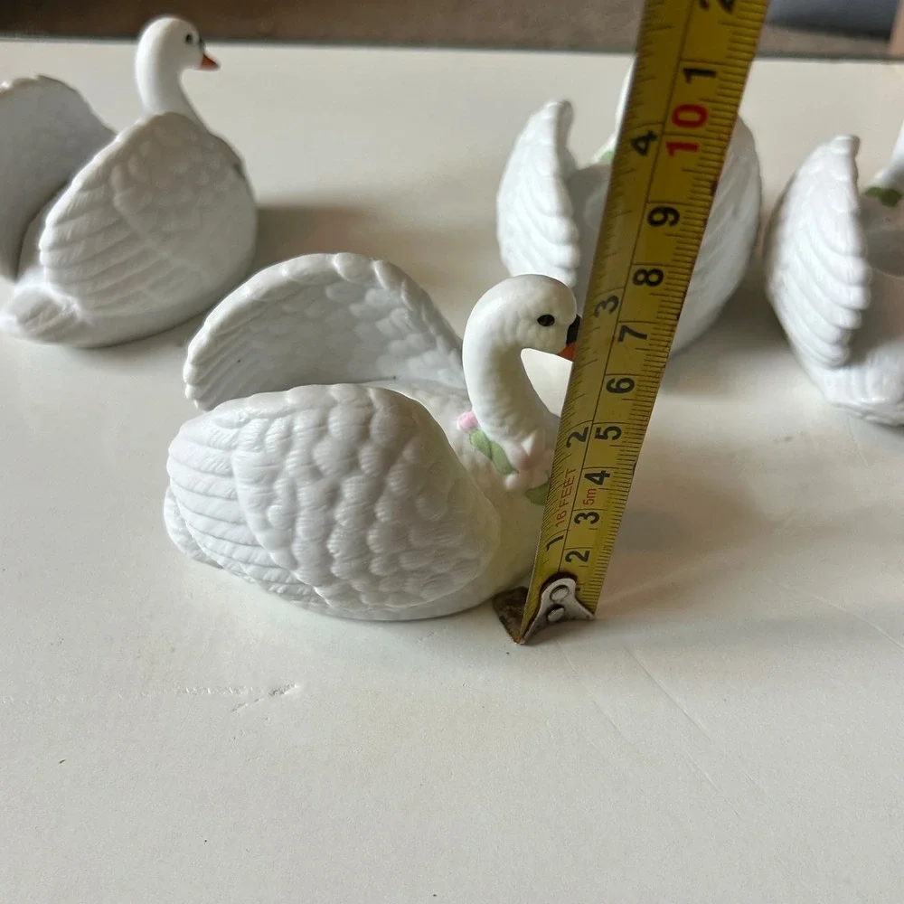 Schmid 1989 Vintage White Ceramic Swan Candle Holders Set of 4 Floral Accents